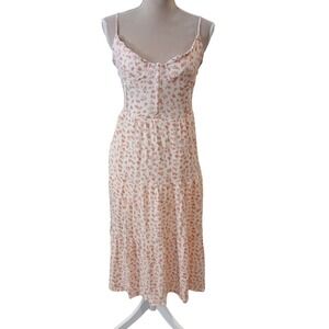 Dee Elly Floral Print Corset Midi Dress Pink White Spaghetti Strap Tiered Lined